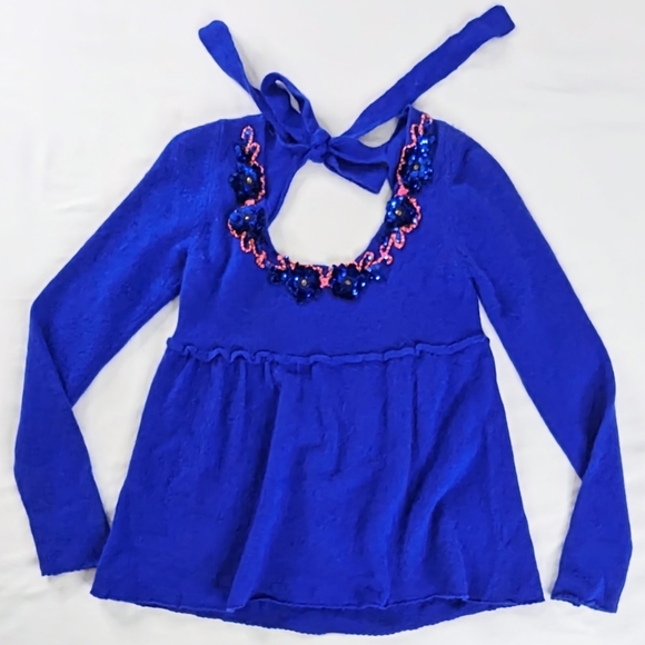 Free People Sweaters - Free People Cobalt Blue Open Back Sequin Floral Neckline Babydoll Wool Sweater